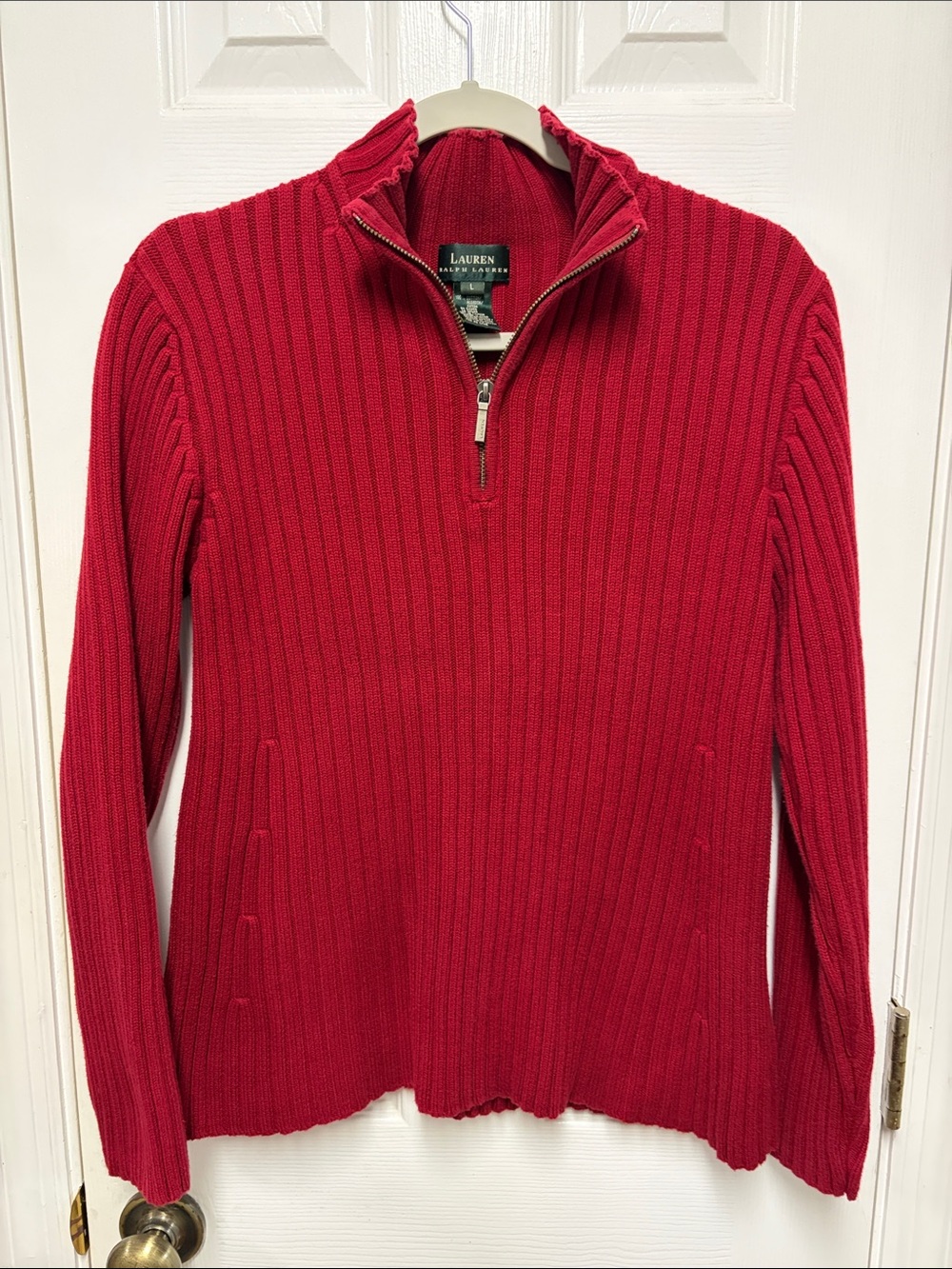 Lauren Ralph Lauren Women's Red Ribbed Half-Zip Sweater